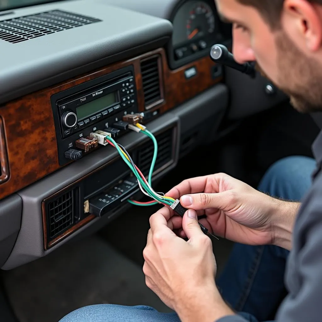 Inspecting the radio wiring harness in a 1993 Lincoln Town Car