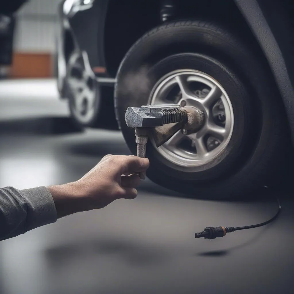 Close-up of a mechanic's hand holding a car wheel speed sensor