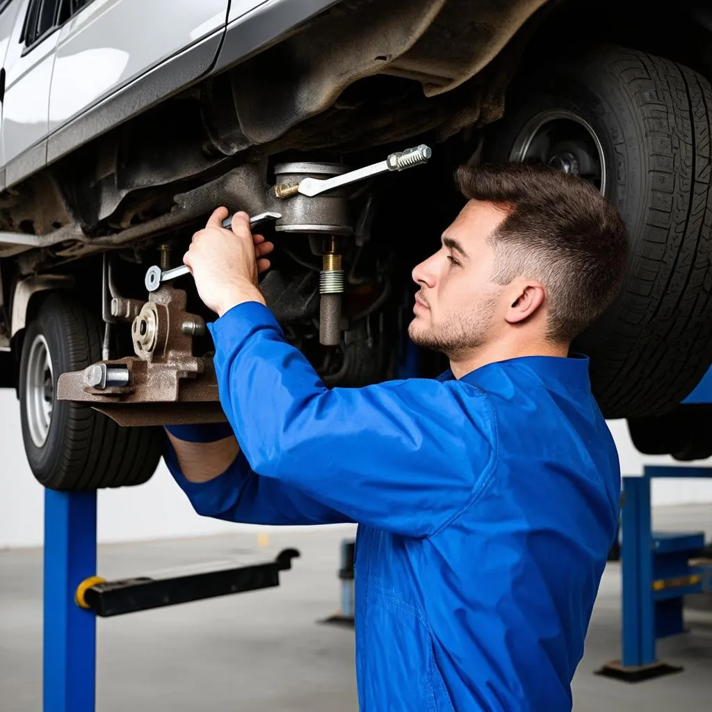 Mechanic Inspecting a Car's Handbrake System