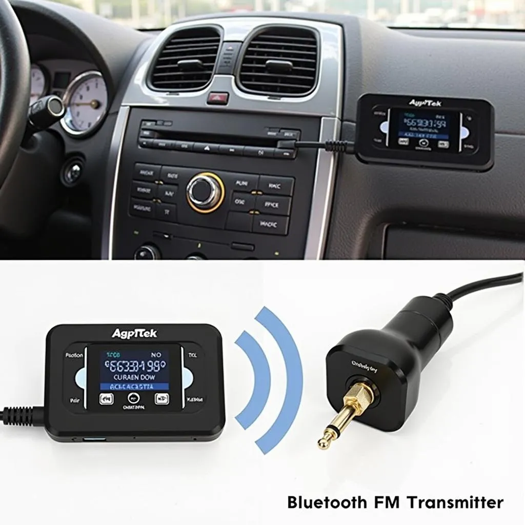 Agptek Bluetooth FM transmitter connected to a car's cigarette lighter port and audio input jack.