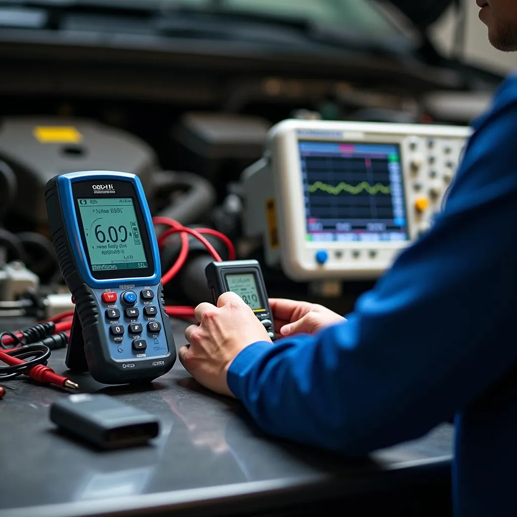 A workbench with an OBD-II scanner, digital multimeter, and oscilloscope