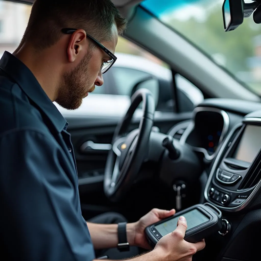 Automotive Locksmith Diagnosing Car with Scanner