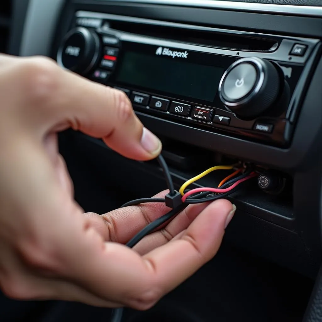 Inspecting car radio wiring harness for loose connections