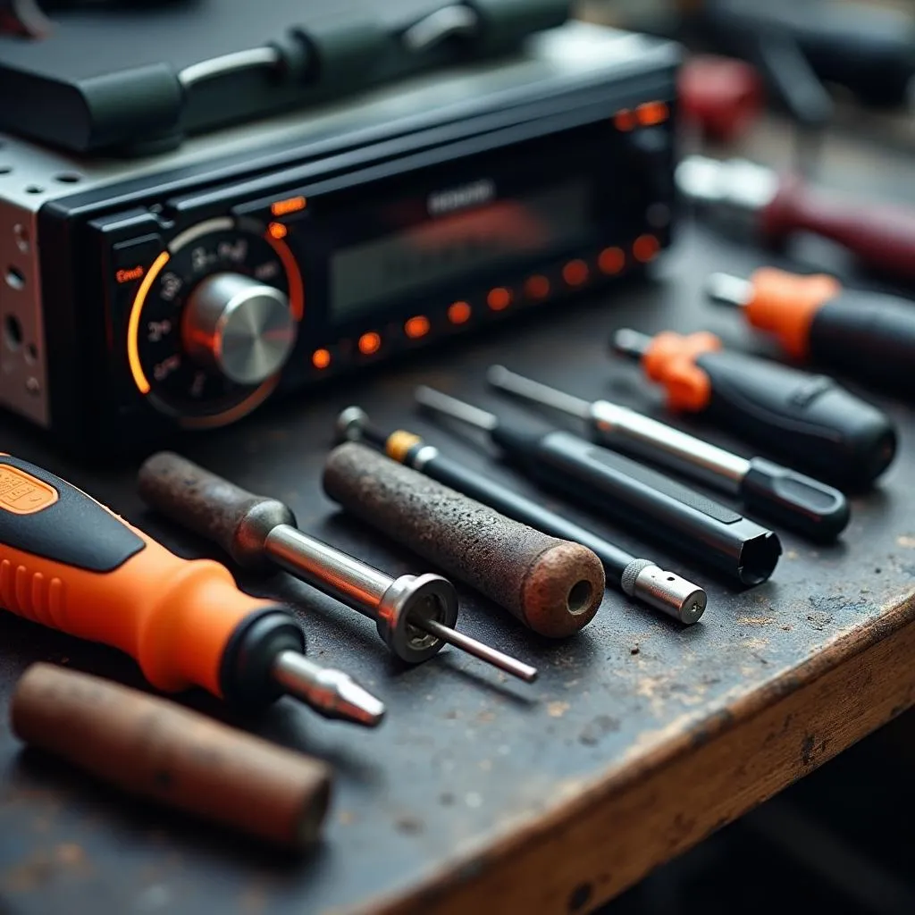 Car radio installation tools laid out on a workbench.