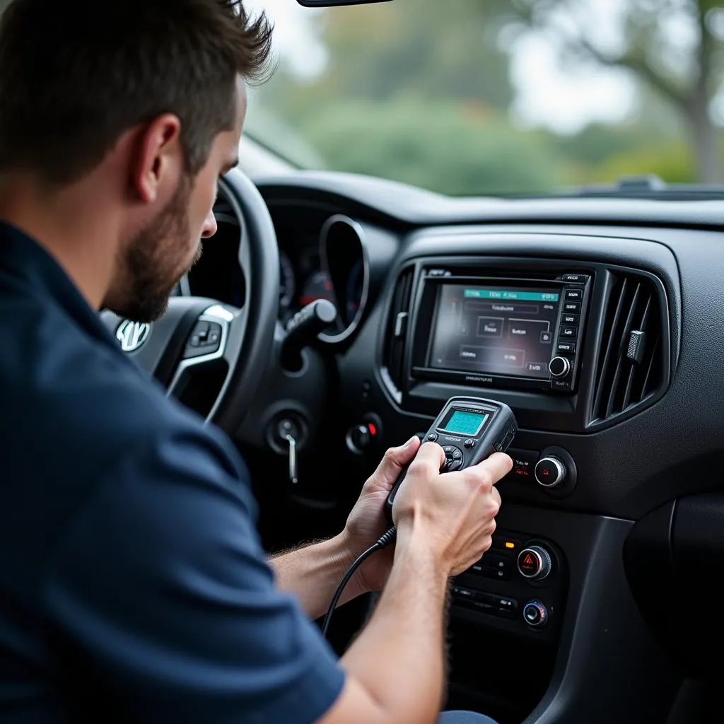 Car audio technician diagnosing a car radio