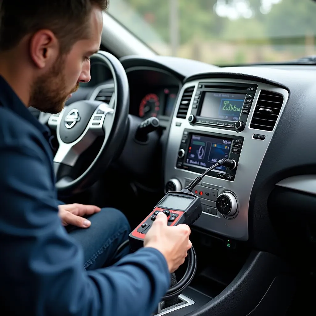 Car Audio Technician Diagnosing Nissan Stereo System