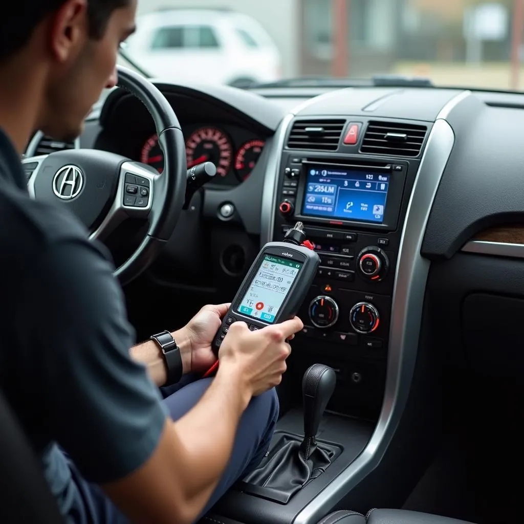 Car Audio Technician Diagnosing Sansui CAV7009DCK with Diagnostic Tools