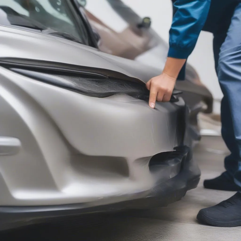 inspecting damage on car bumper