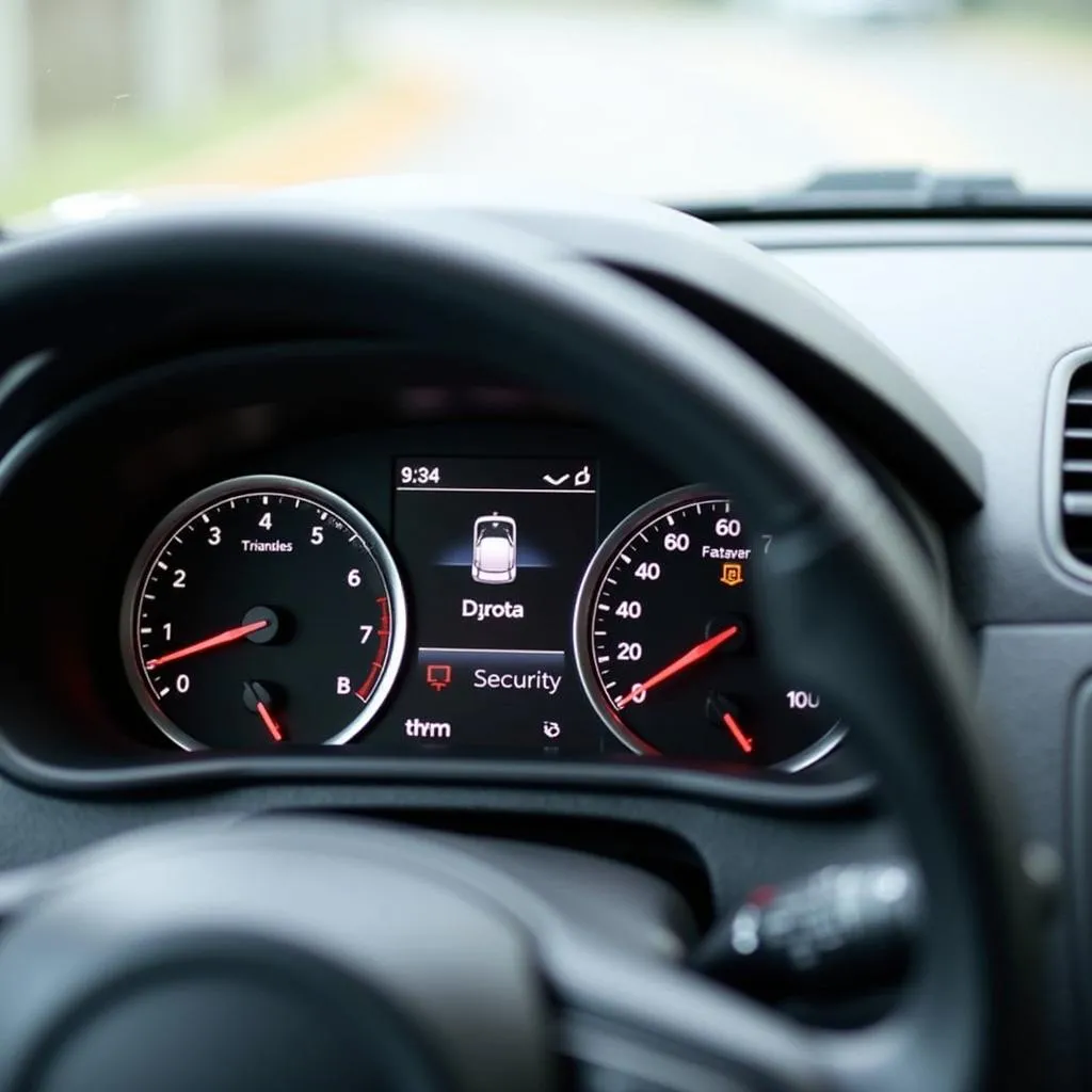 Car dashboard with security light illuminated