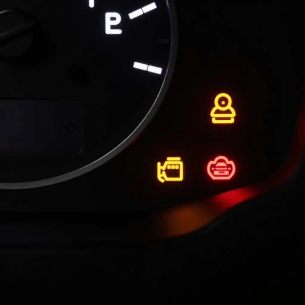 Car Dashboard with Warning Lights Illuminated