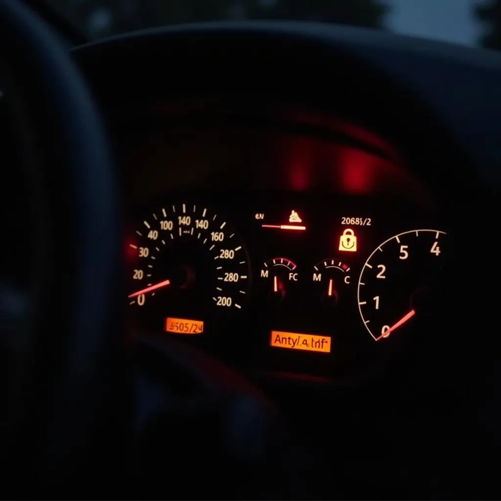 Car dashboard with warning lights illuminated