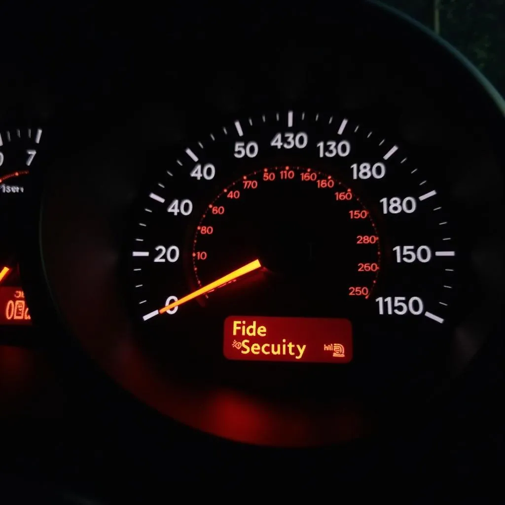 Car dashboard with warning lights illuminated