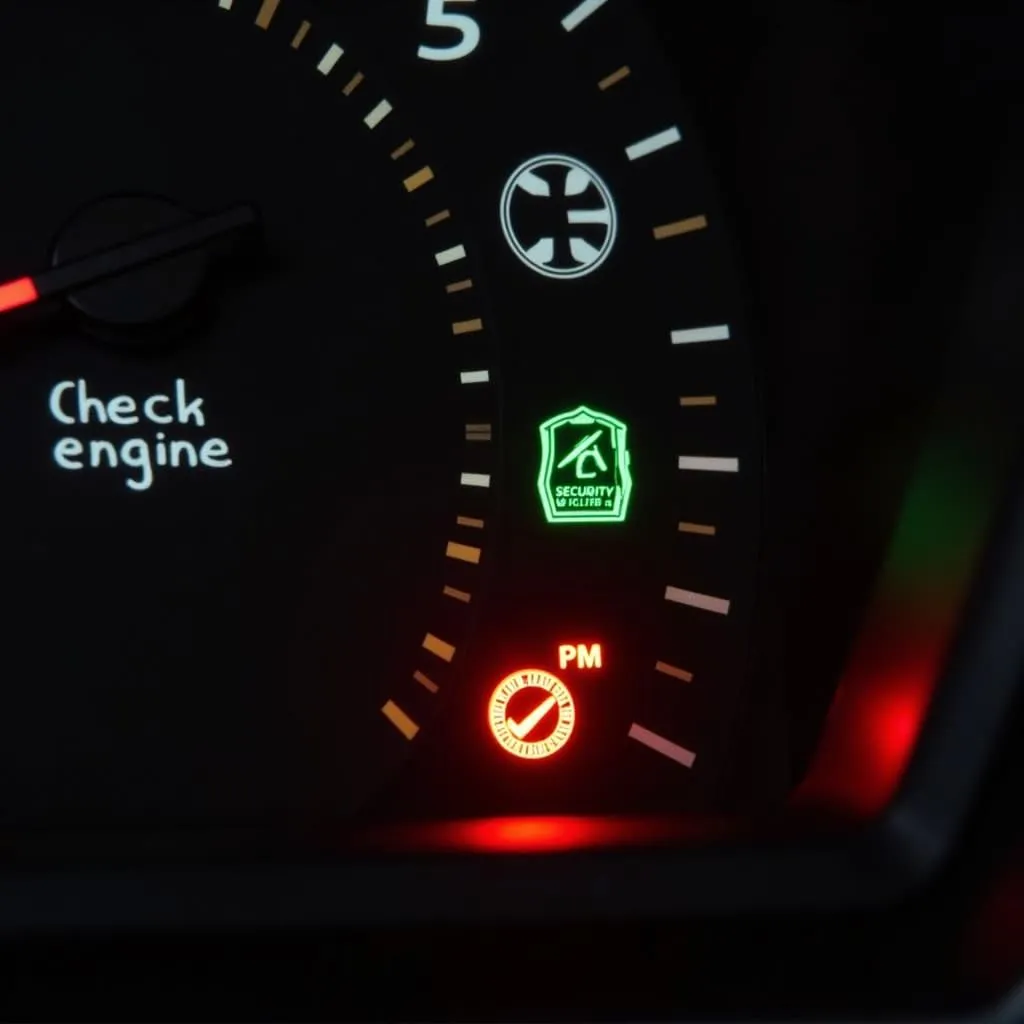 Car dashboard with illuminated warning lights