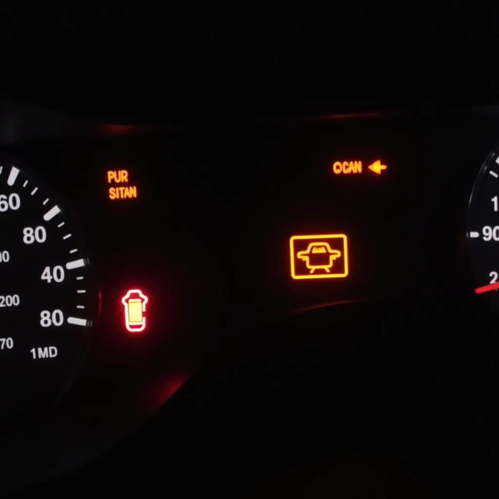 Car dashboard with warning lights illuminated