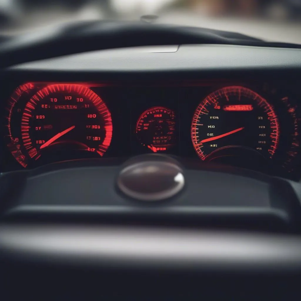 A car dashboard illuminated at night, showing a red LED light flashing to indicate an active car alarm system.