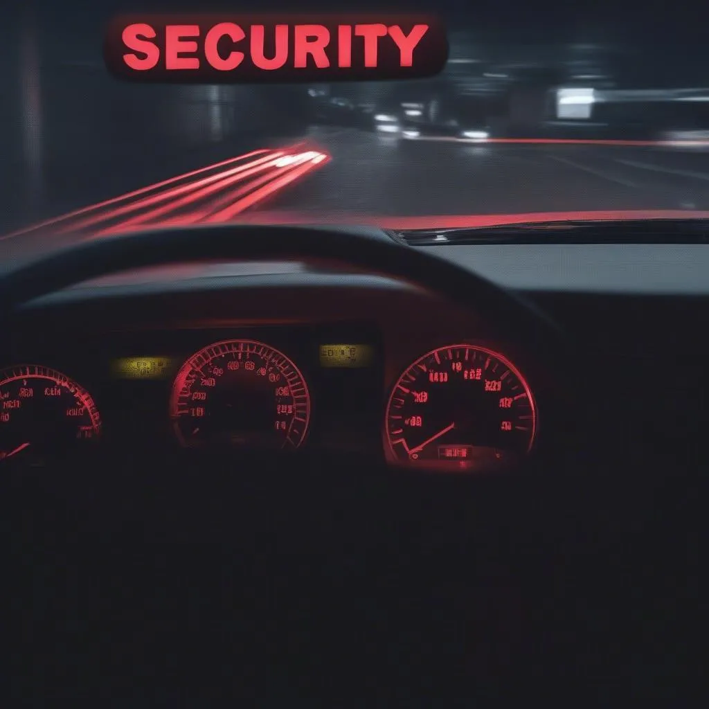 Car dashboard displaying a flashing security light indicating an anti-theft system issue