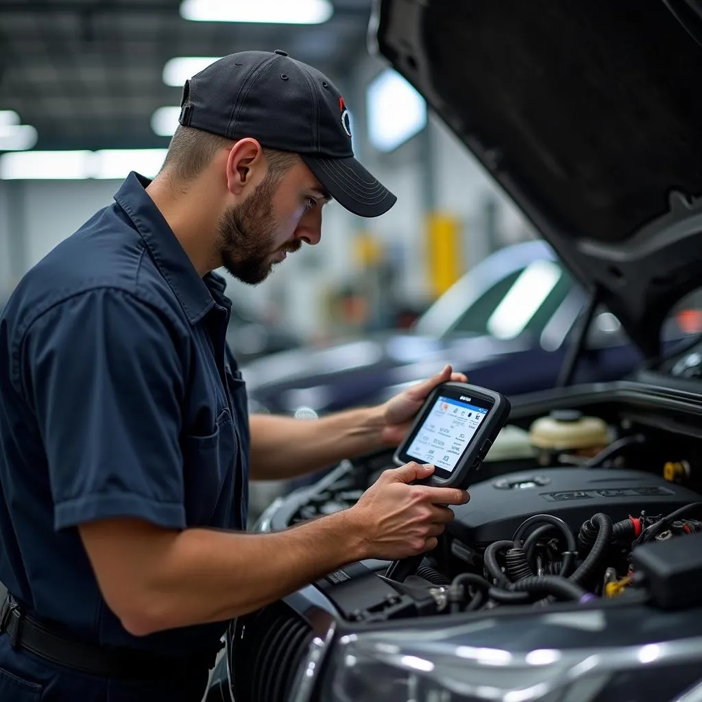 Mechanic Using Car Diagnostic Equipment