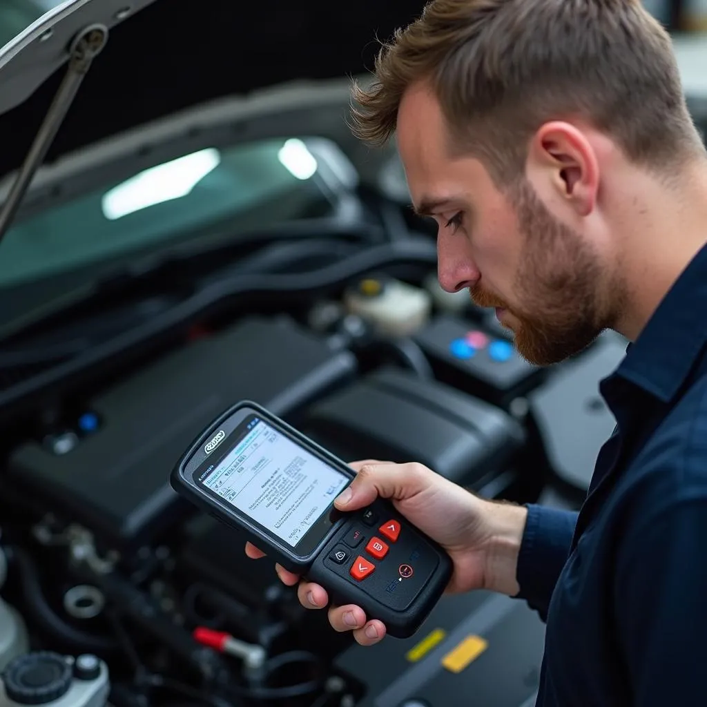 Mechanic using a car diagnostic scanner