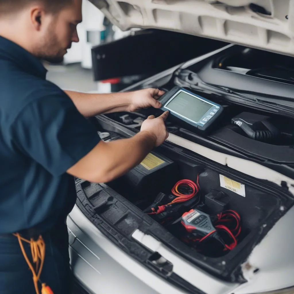 car diagnostic tool plugged into a car's OBD port