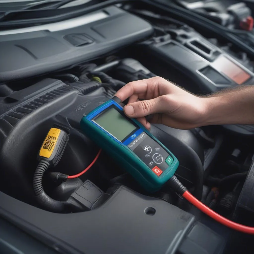 Mechanic using a diagnostic tool on a car with AdBlue system issue