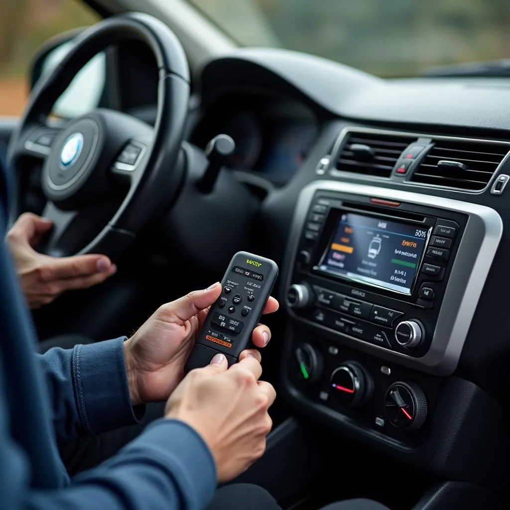 Mechanic Using a Diagnostic Tool and Bluetooth Transmitter