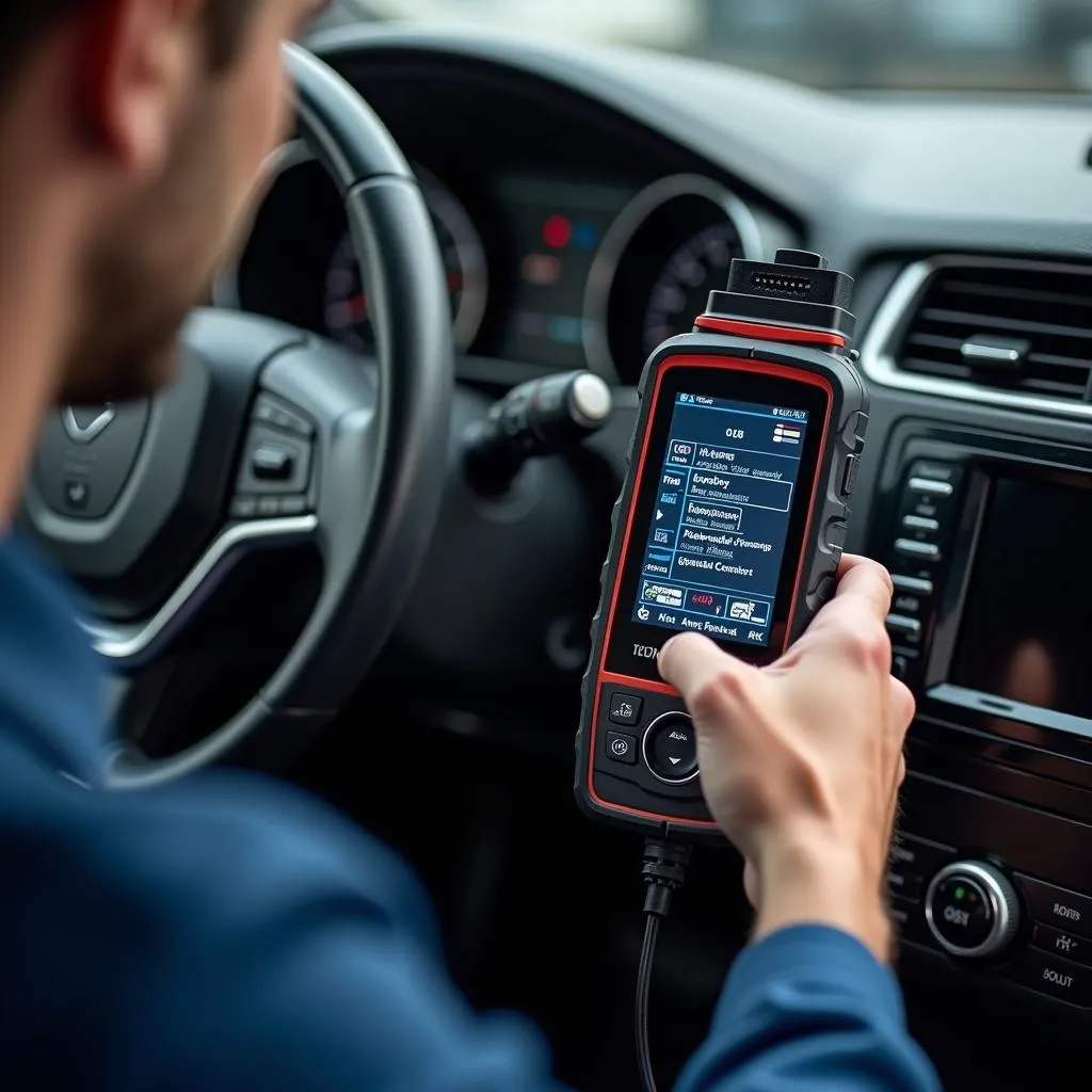 Car diagnostic tool plugged into a vehicle's OBD-II port