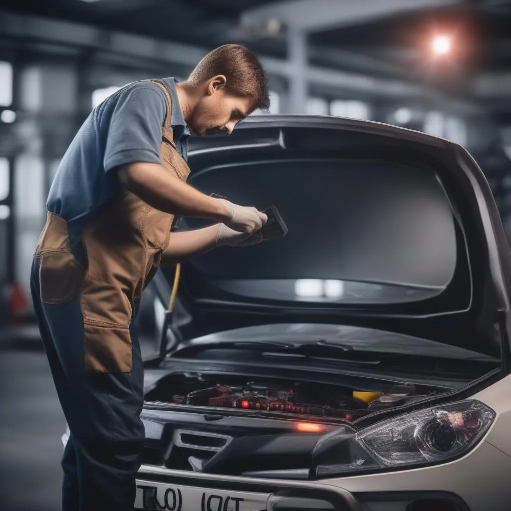 Image of a mechanic using a car diagnostic tool