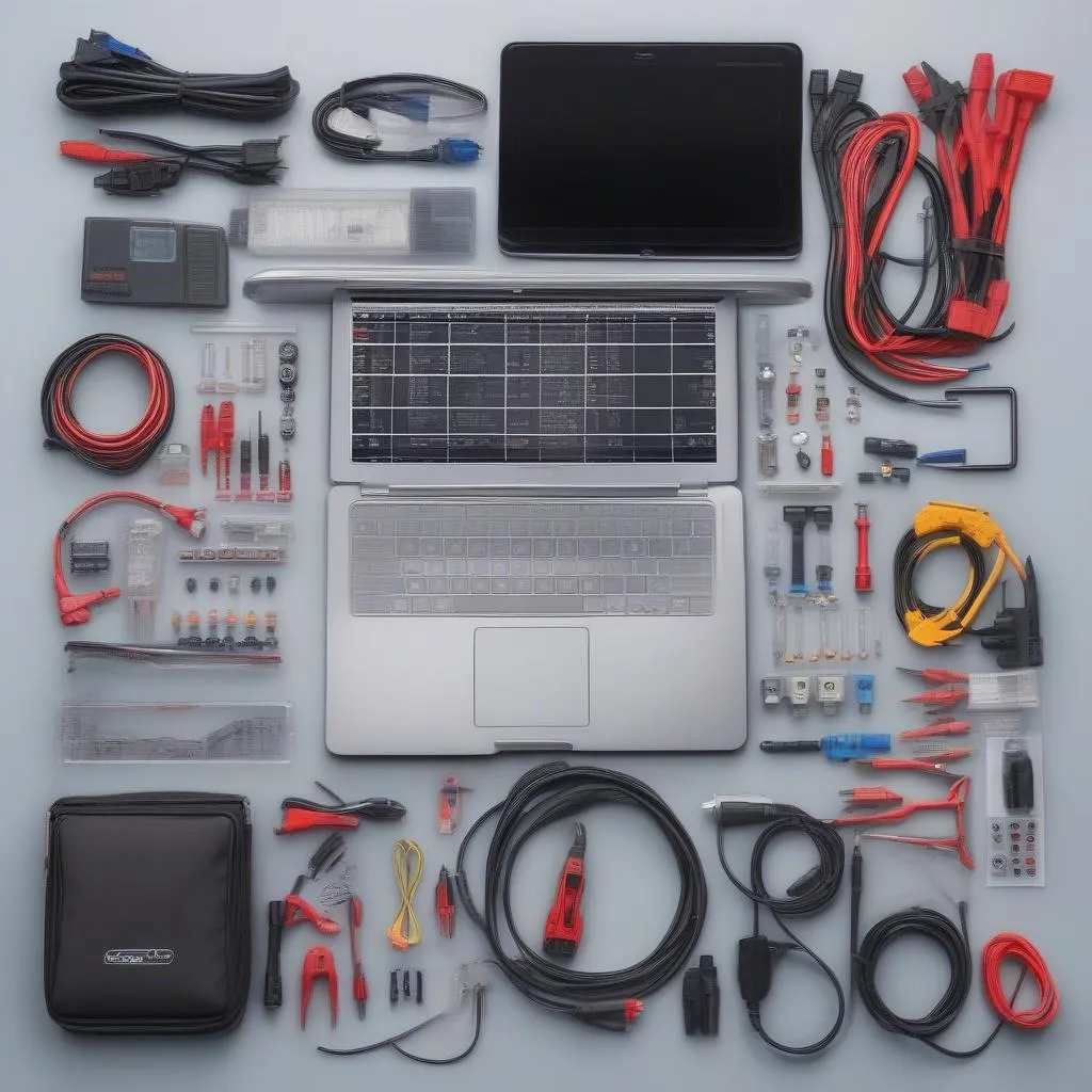 An array of car diagnostic tools neatly arranged on a workbench