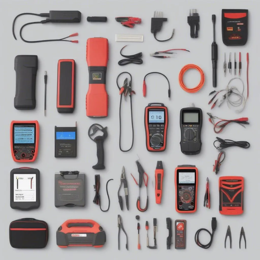 A collection of various car diagnostic tools and equipment