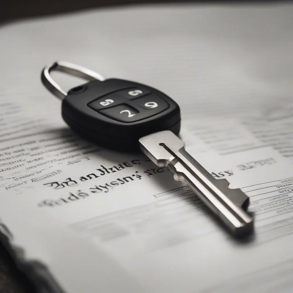 Car key and fob placed on top of an owner's manual