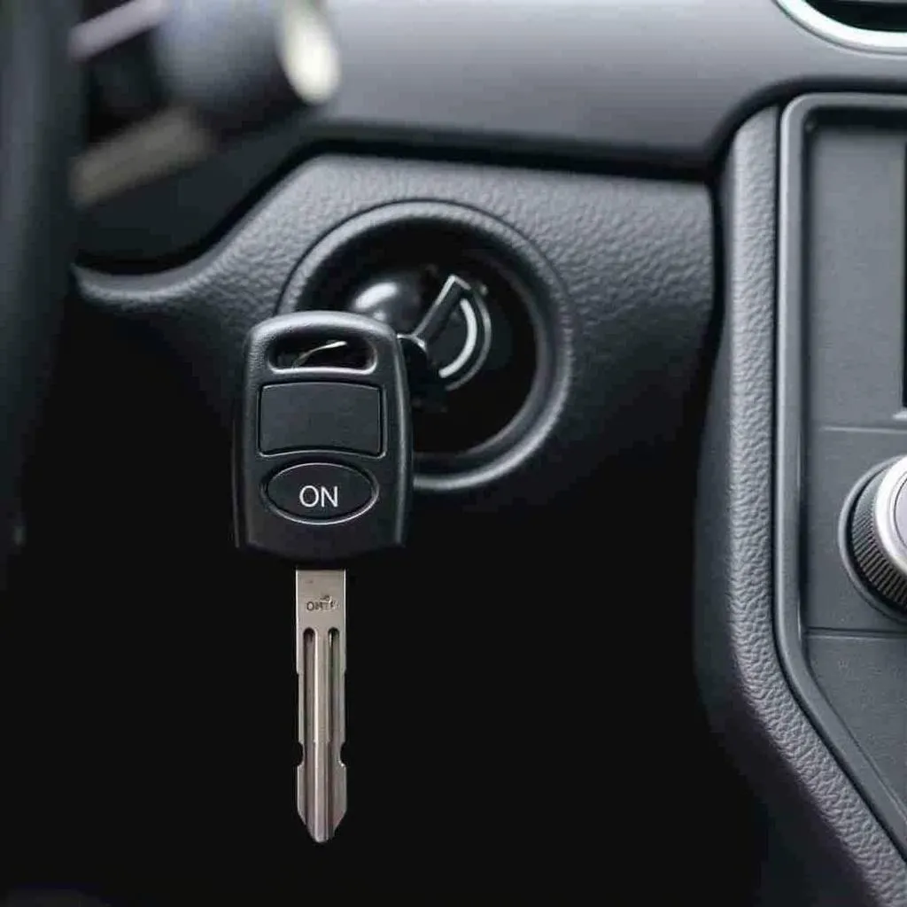 Car key in the ignition of a Ford Mustang