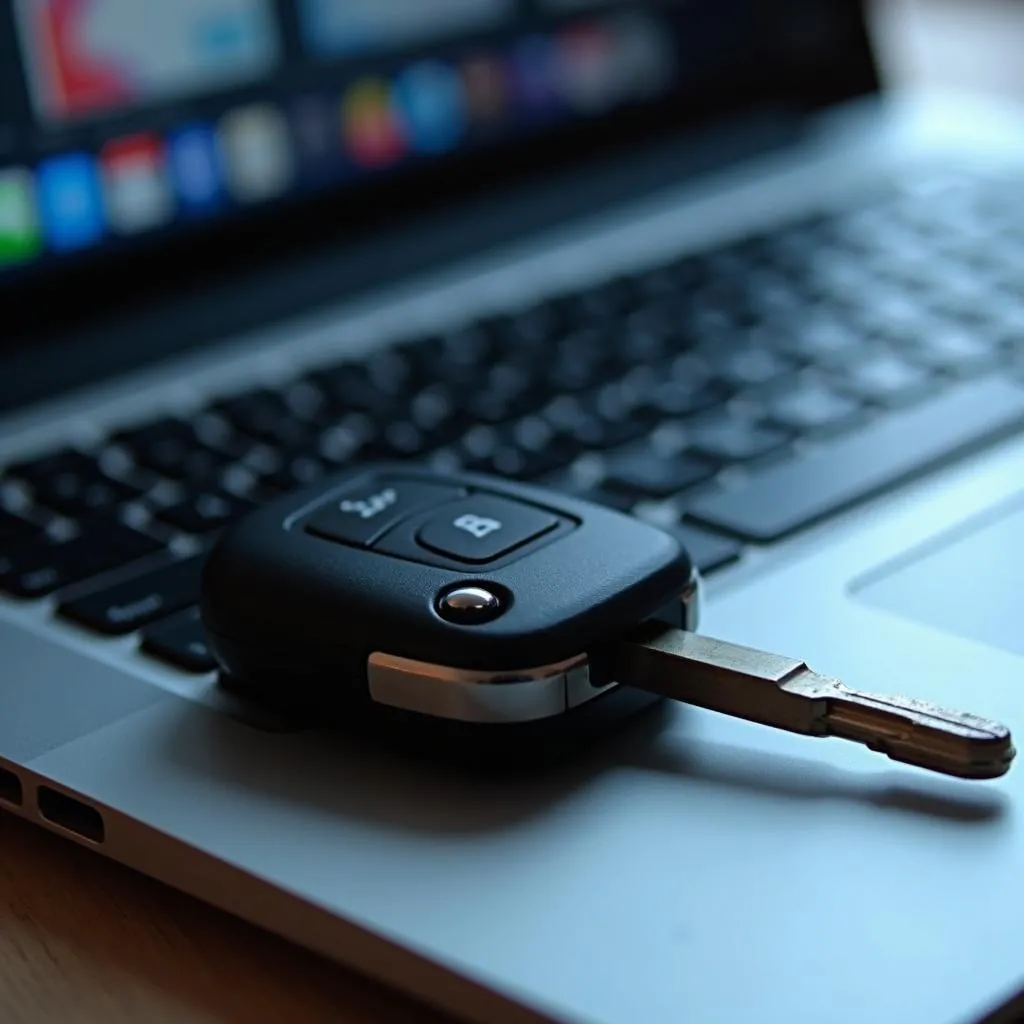 Car key with remote on laptop keyboard