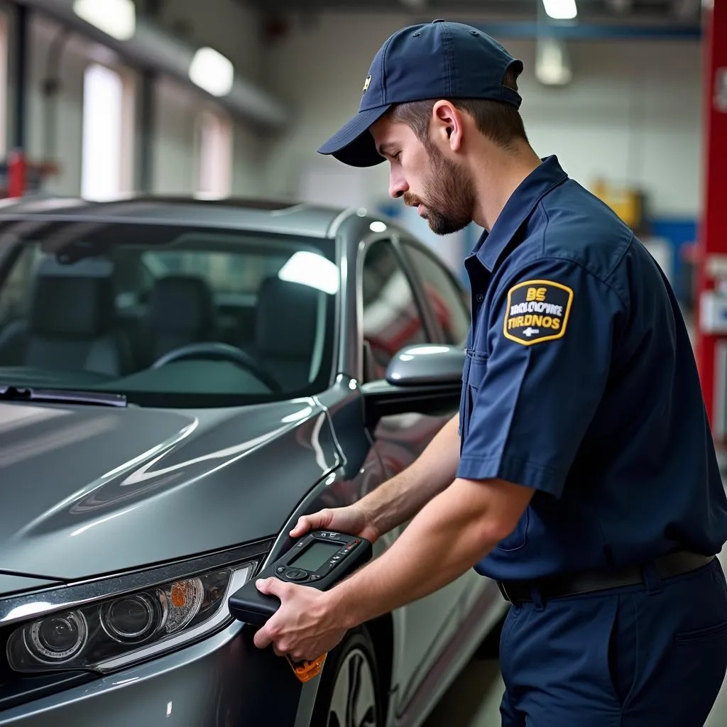 Car mechanic diagnosing a vehicle