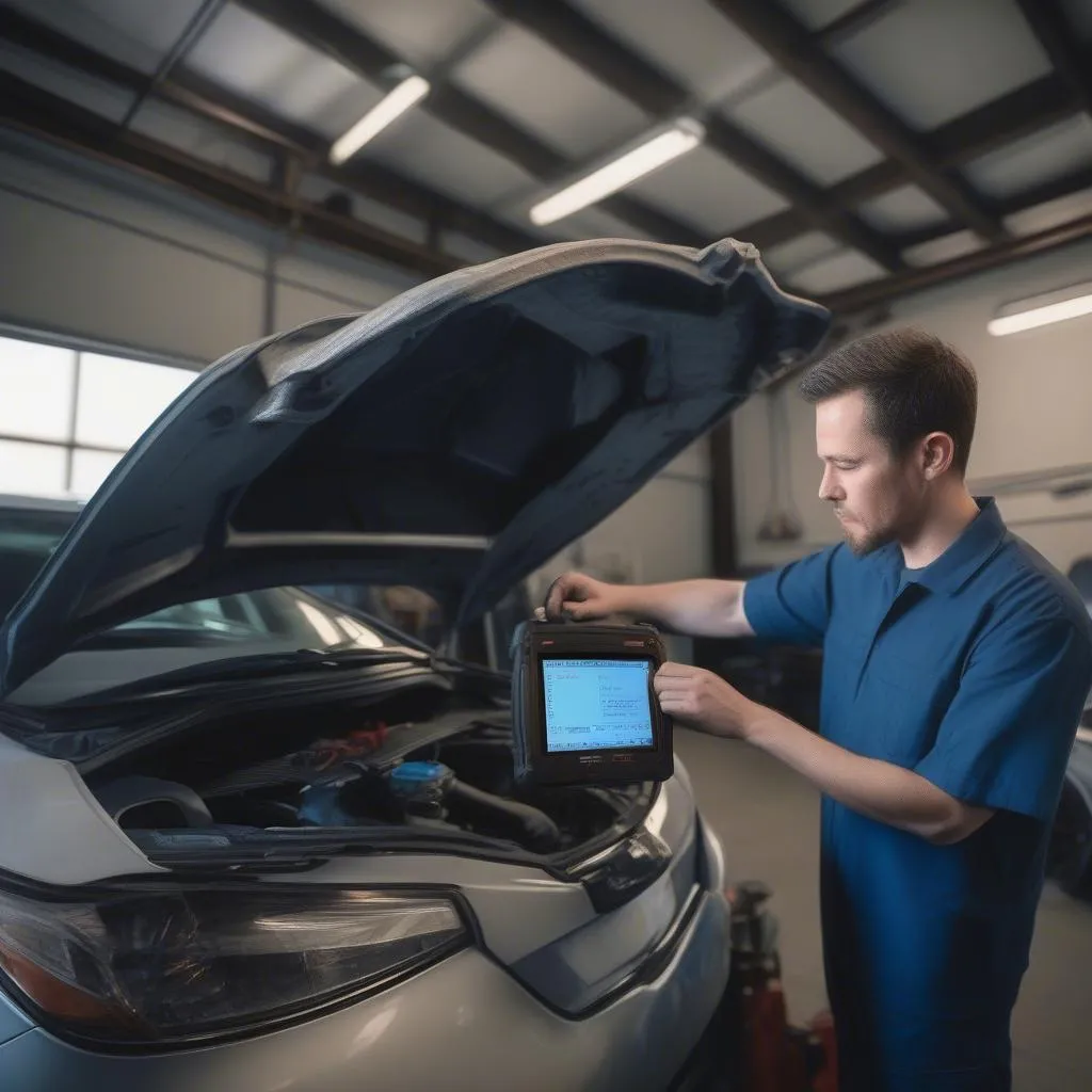 Mechanic using a diagnostic tool on a car