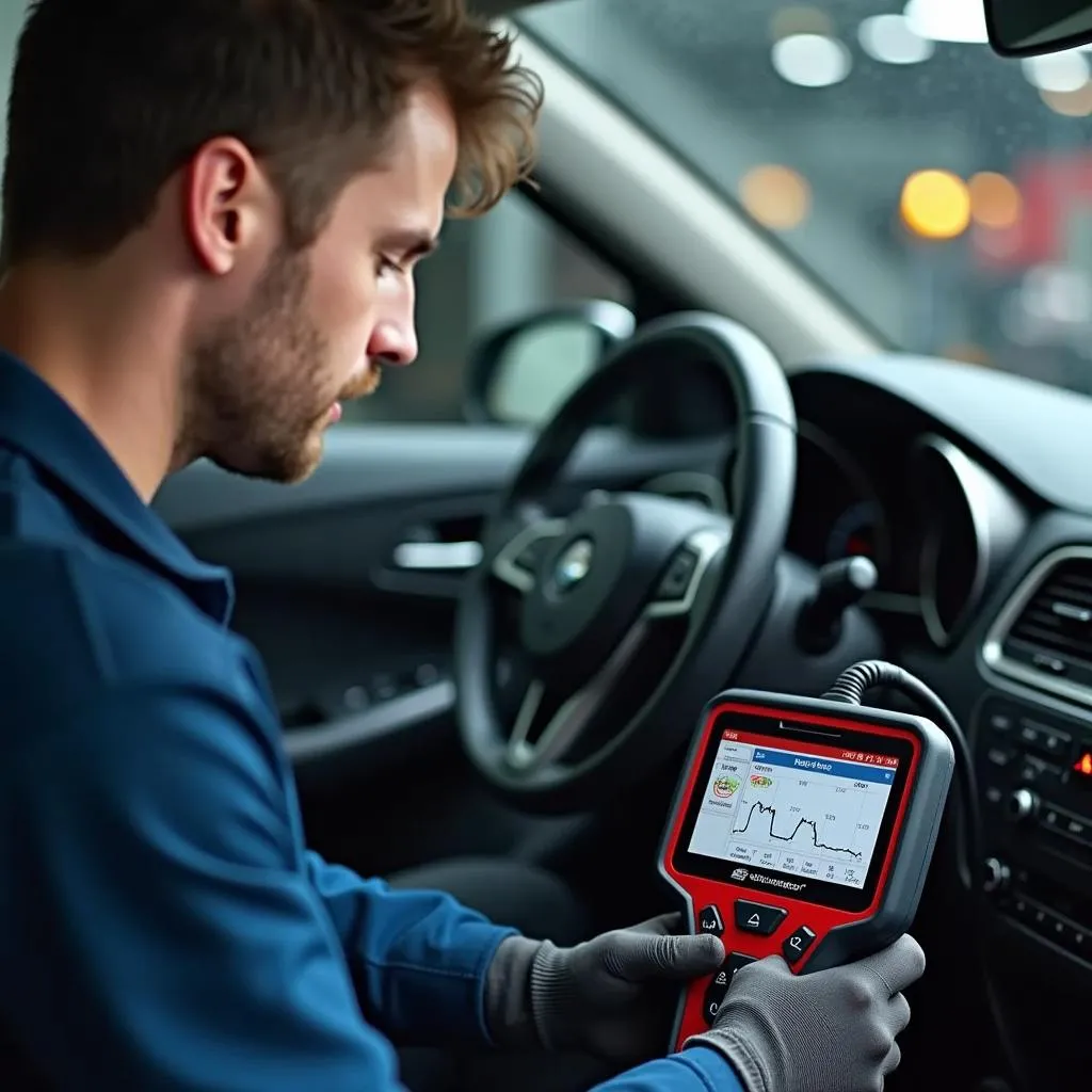 Car mechanic using a diagnostic tool on a car