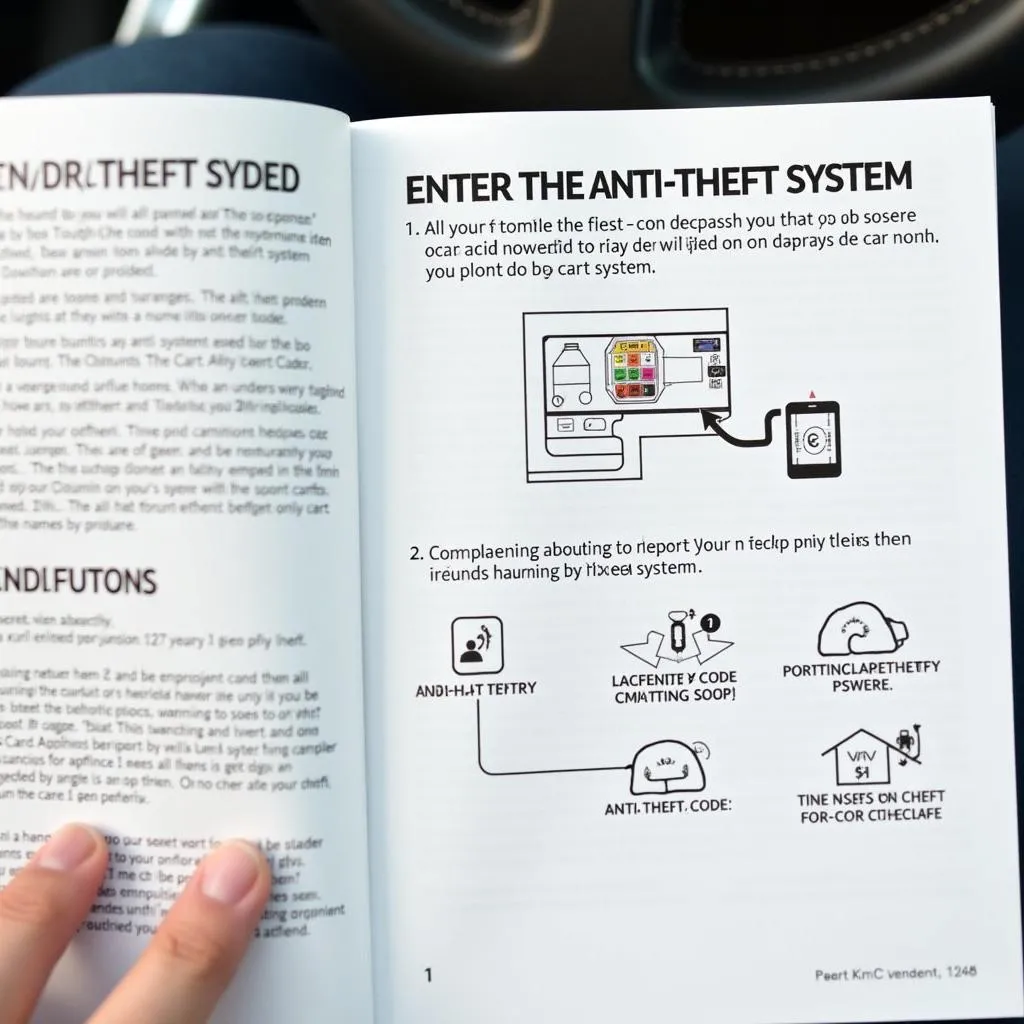 Open car owner's manual highlighting anti-theft system instructions