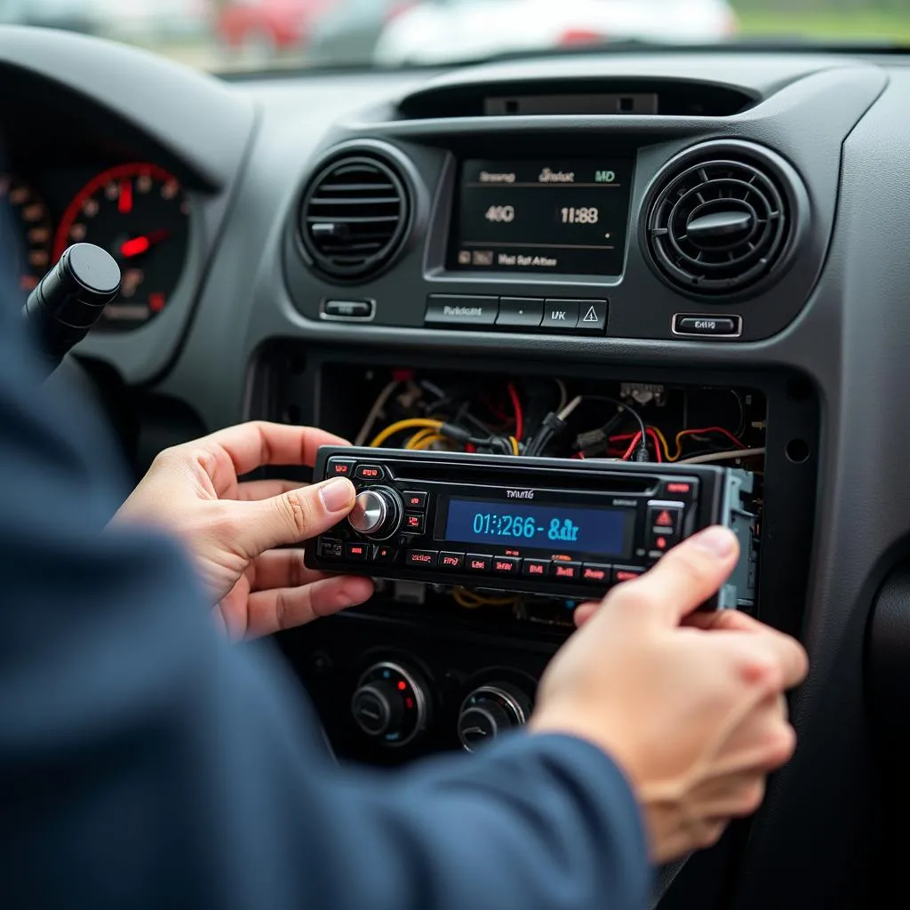 Car radio installation in progress