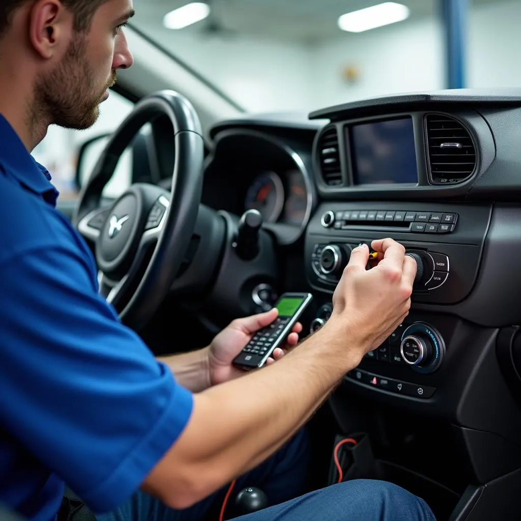 Technician repairing a car radio