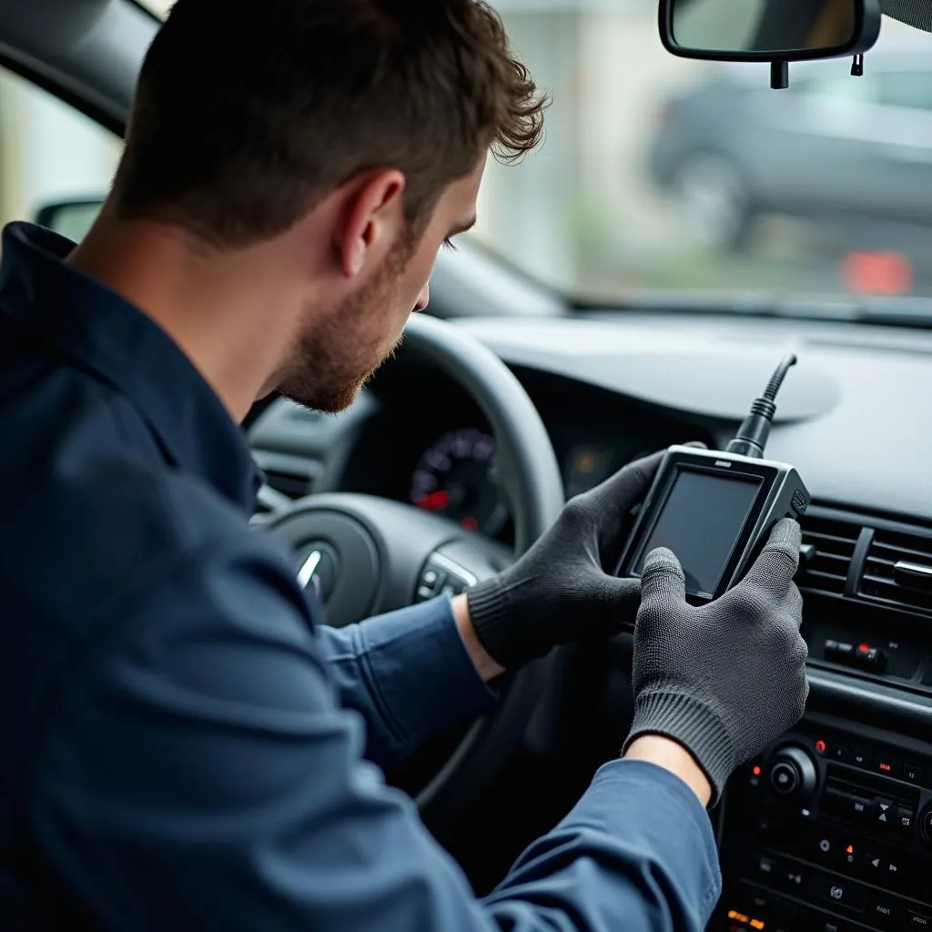 Technician diagnosing car radio problems