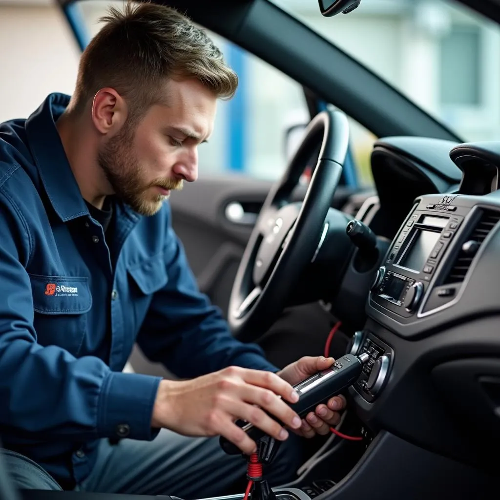 Technician repairing car audio system