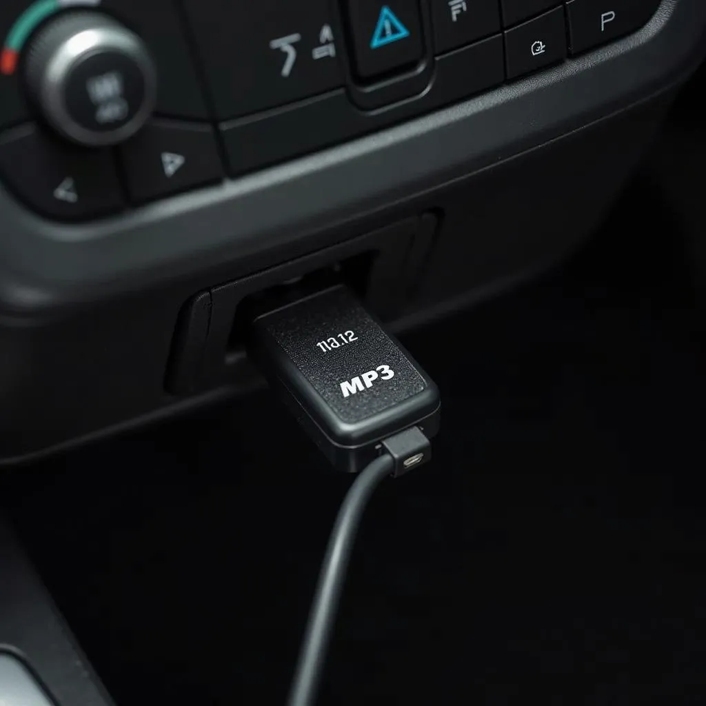 Close-up of a car radio USB port with a USB drive plugged in