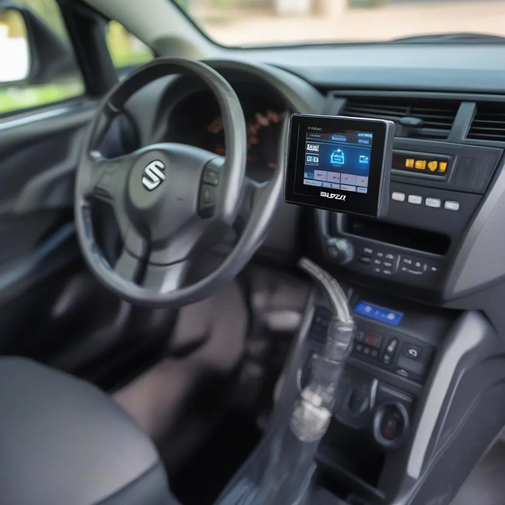 Cardiagtech OBD2 scanner plugged into a Baleno