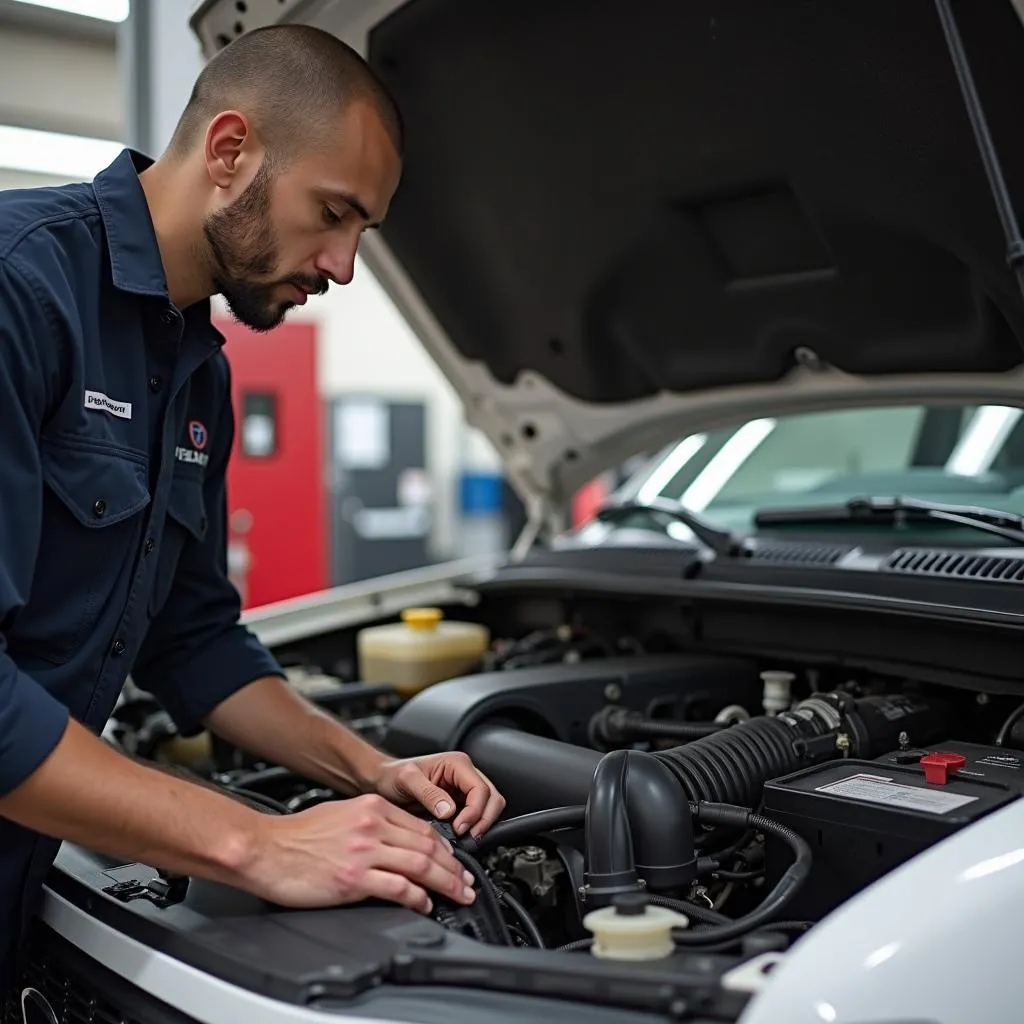 Mechanic inspecting Ford F150 engine