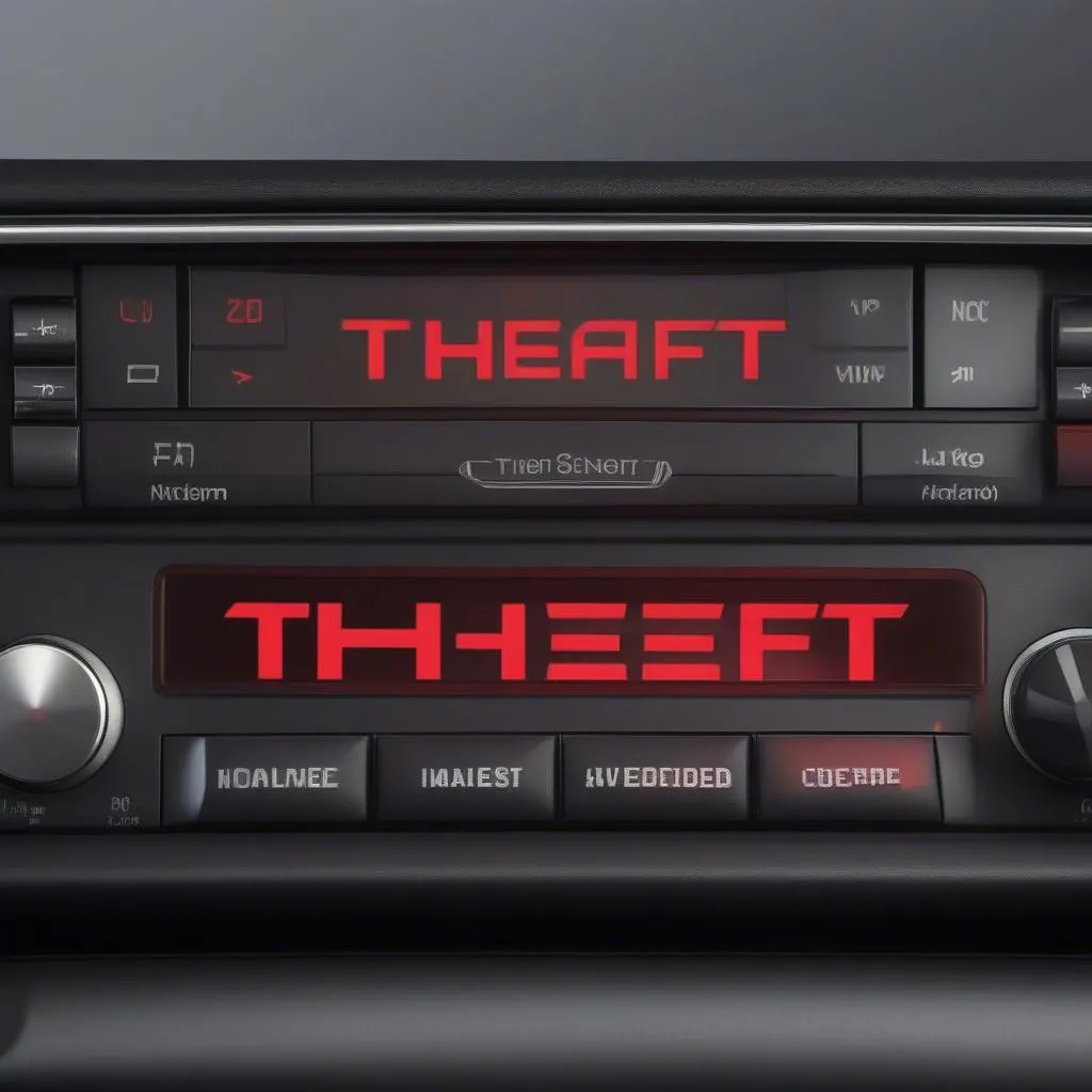 Car stereo display showing the word "THEFT"