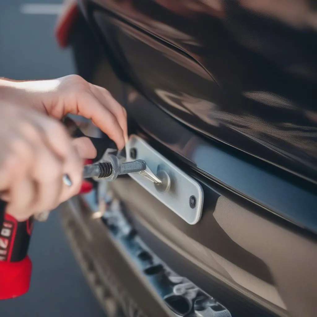 Installing anti-theft screws on a car license plate