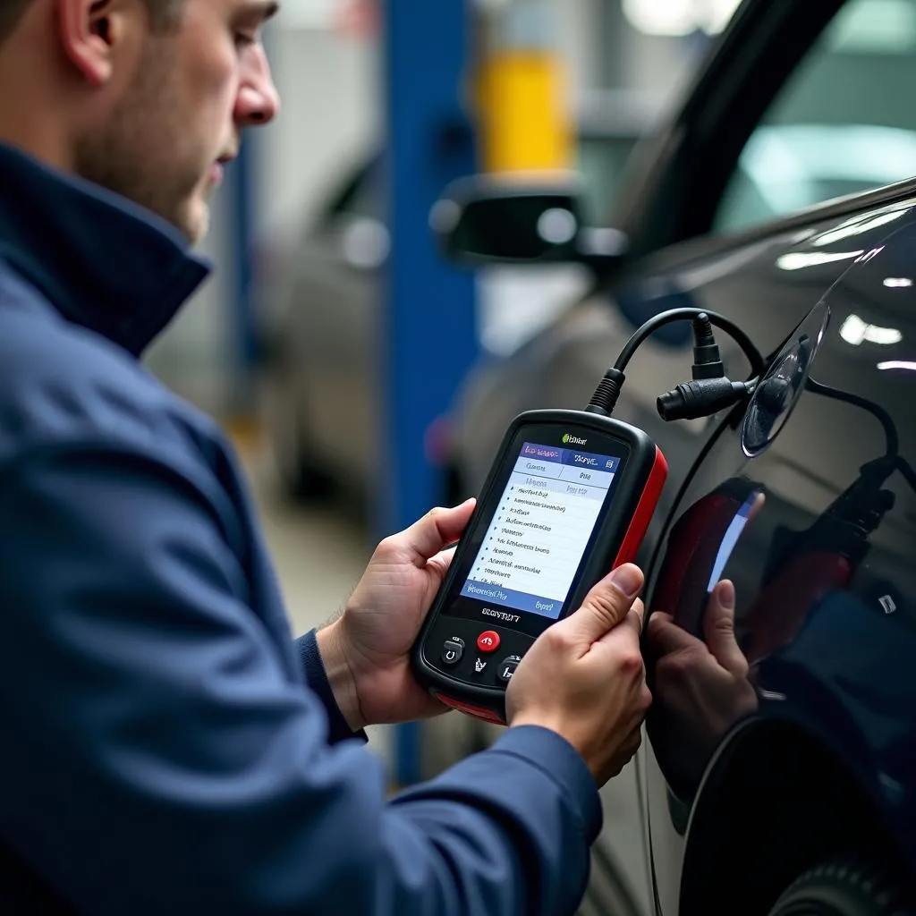 Mechanic using diagnostic equipment on a car