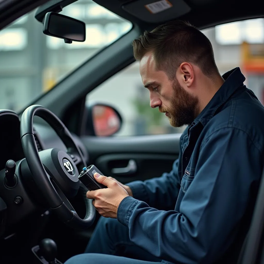 Mechanic using a diagnostic tool on a car