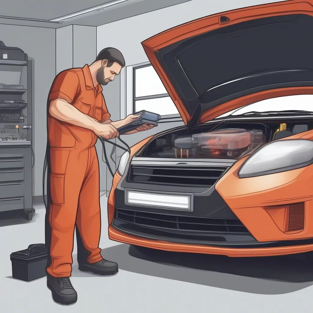 Mechanic using a diagnostic scanner on a car