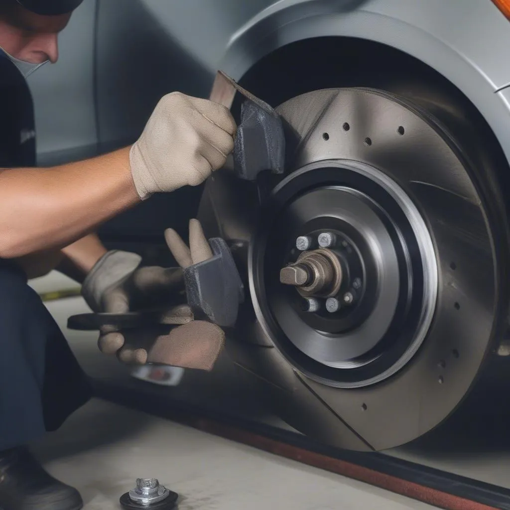 Mechanic inspecting brakes