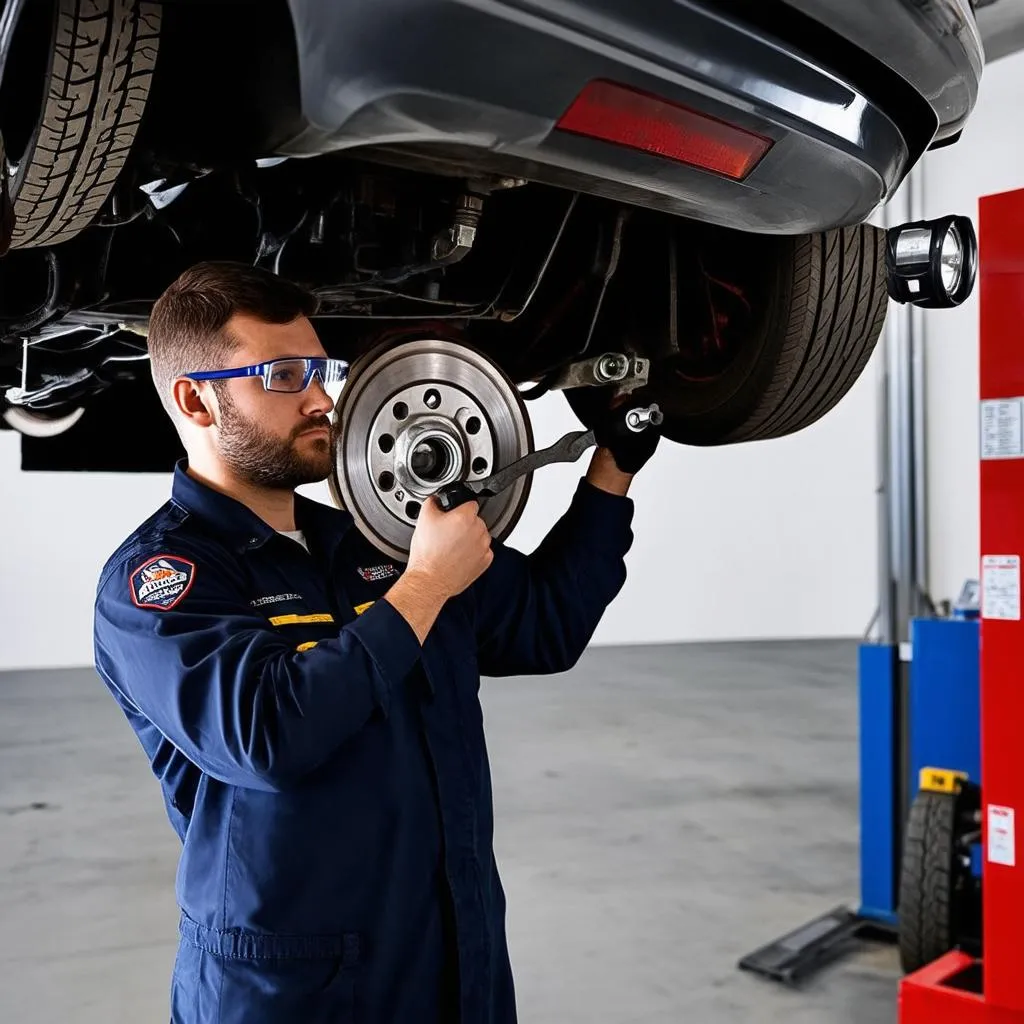 Mechanic Inspecting Rear Brakes